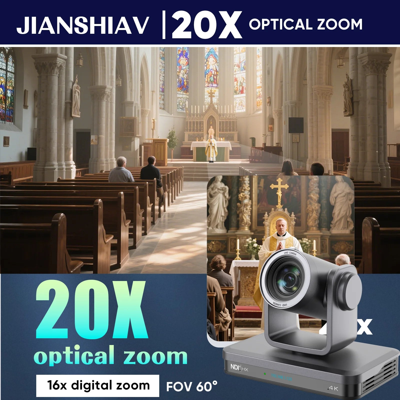 4K 60FPS PTZ Camera NDI 20/30/40X Zoom 1/1.8 CMOS HDMI SDI IP USB Live Streaming Camera POE Supports vMix for Church services