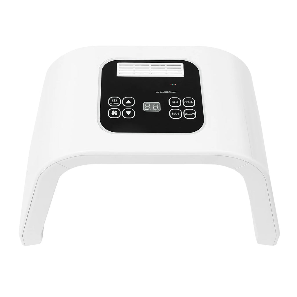 White arched LED light therapy machine with a black control panel featuring digital display and color mode buttons.