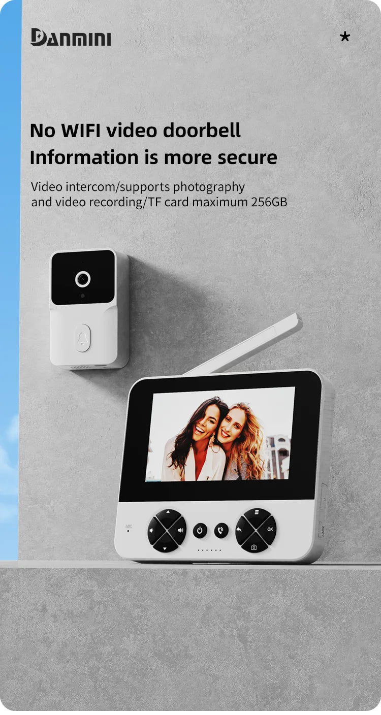 Wireless video doorbell, 4.3 "IPS display 720P high definition intelligent intercom, 2.4G wireless two-way call, night vision