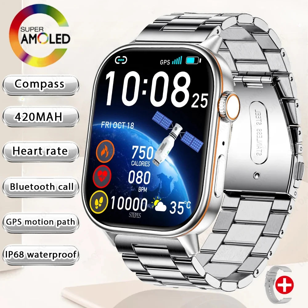 Silver metal bracelet smartwatch with AMOLED display, compass and health callout icons