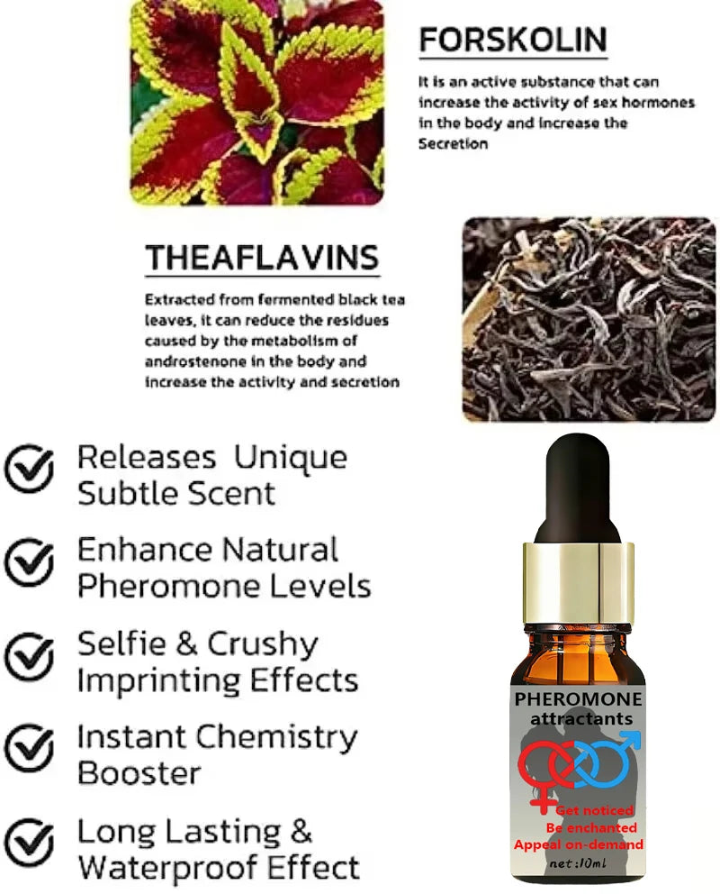 Pheromone Seductive Men's Cologne: 10ml amber dropper bottle with Forskolin and Theaflavins for long-lasting attraction.
