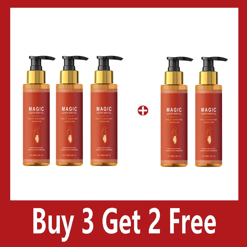 Five bottles of Magic Luxury Body Oil with black pumps, labeled with a body silhouette, arranged 3+2 with a plus sign.