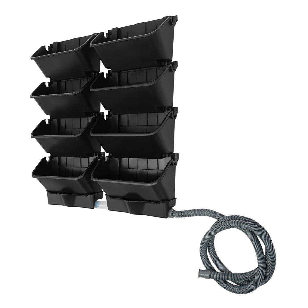 Black vertical planter with stacked rectangular pots and gray flexible connecting hose