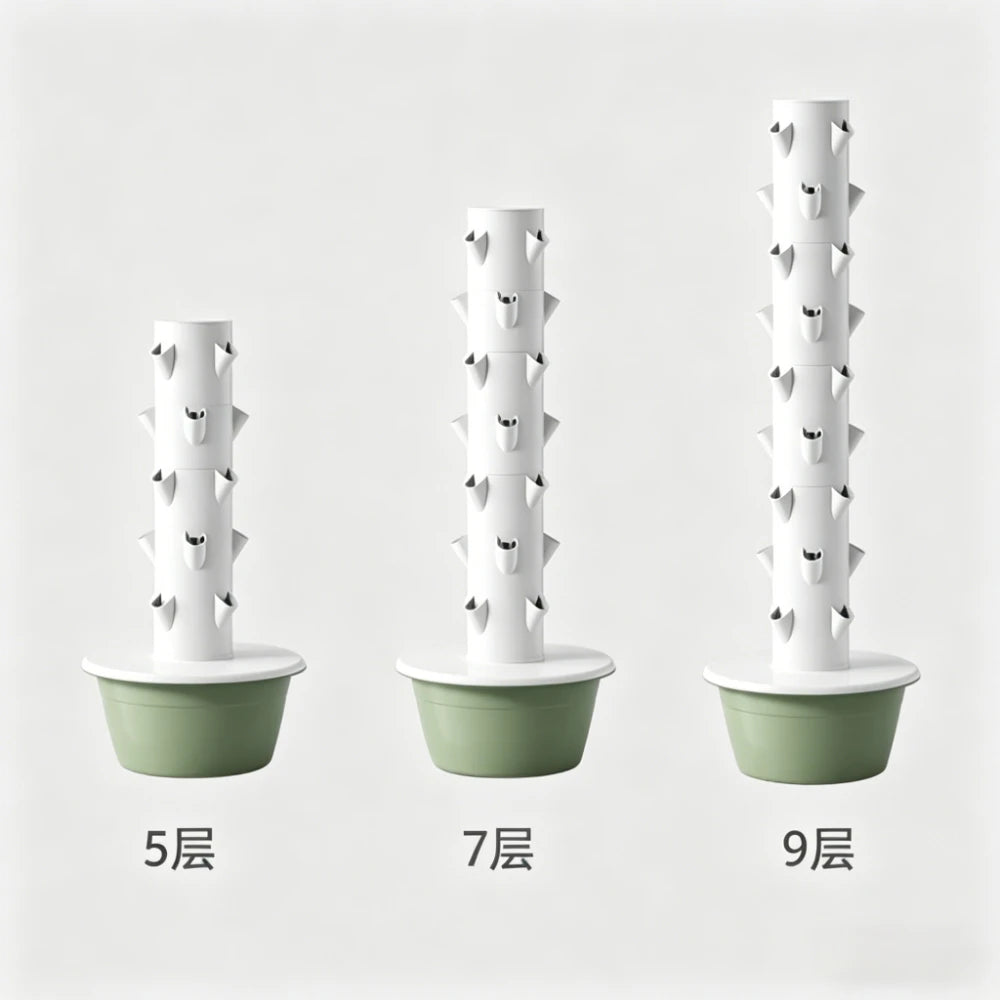 Vertical aeroponic tower garden options: 5, 7, and 9 layers with green basins