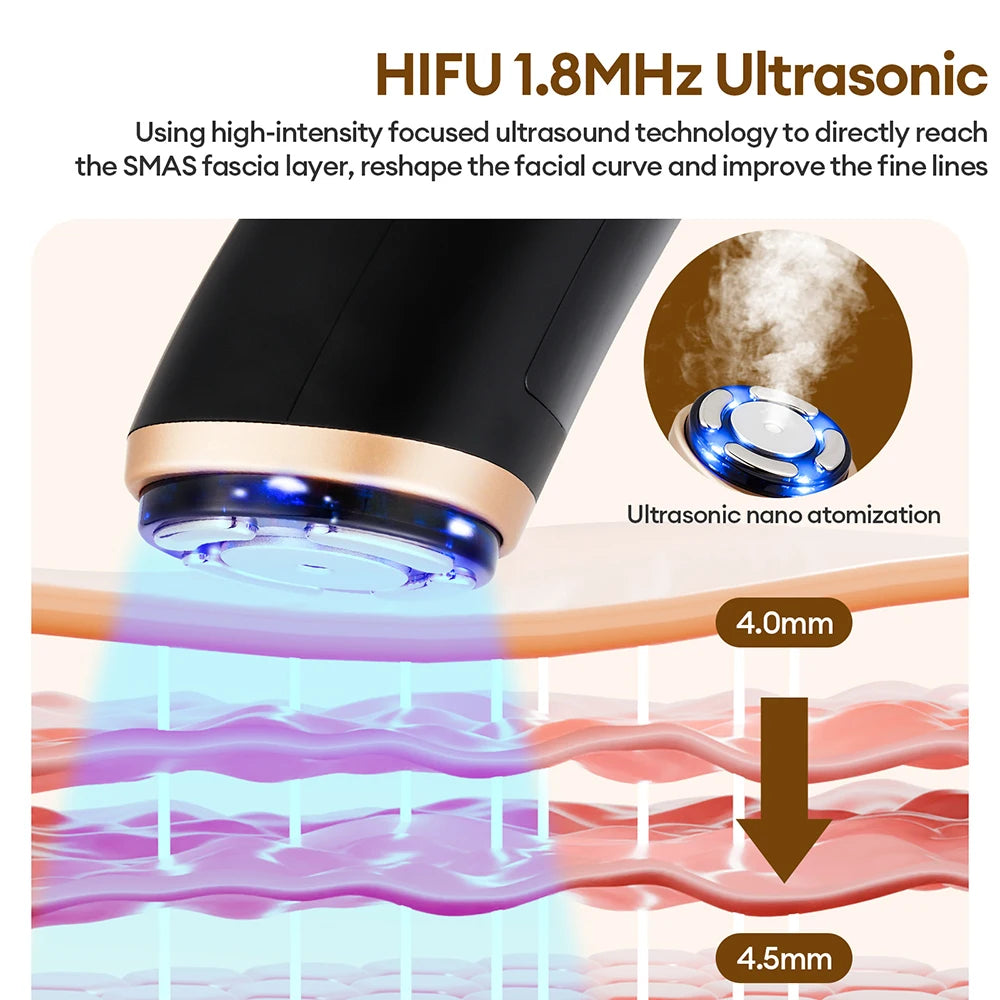 Black and gold mini HIFU facial device showing ultrasonic nano atomization and depth-penetrating light rays.