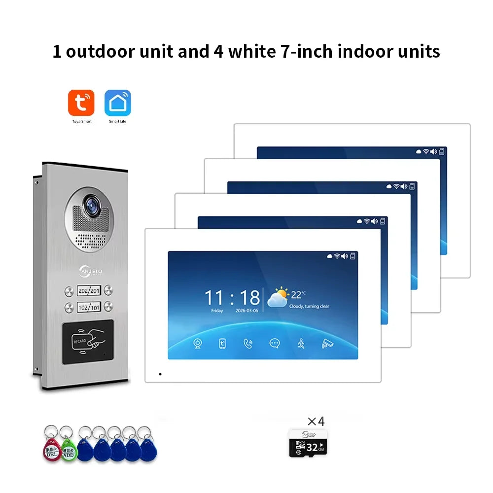 7-inch WiFi video door intercom kit with 4 white indoor monitors and 1 outdoor unit