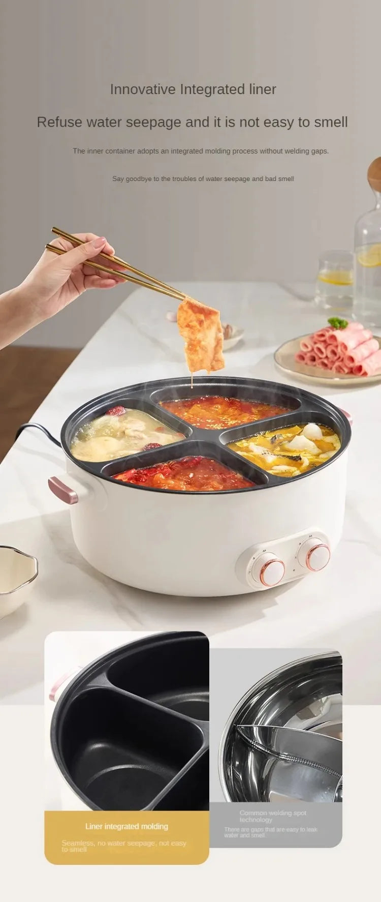 White 4-compartment electric hot pot with close-up panel view of removable liner