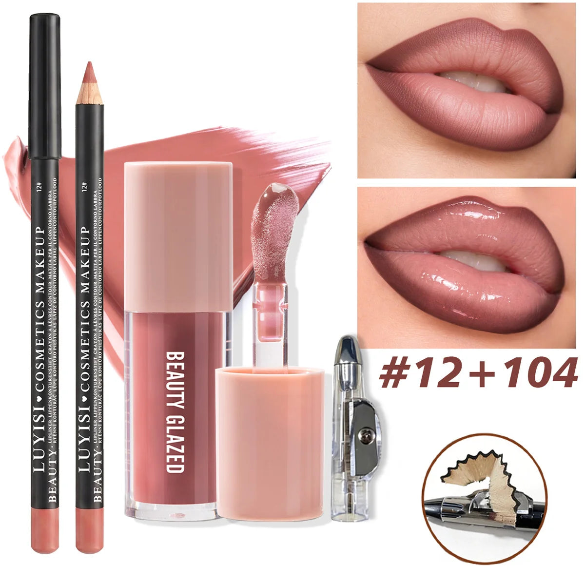 3-piece nude lip makeup set with blendable lip liner, glossy moisturizing lipstick, and pencil sharpener.
