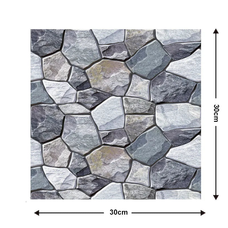 Peel-and-stick backsplash tiles in gray stone pattern; 30 x 30 cm design