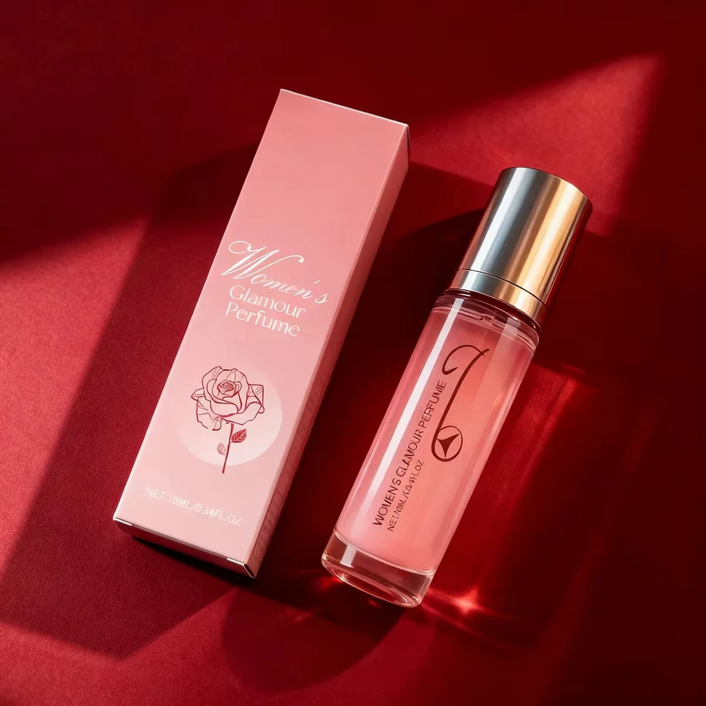 Women’s Glamour Rose perfume rollerball, light floral scent, portable glass travel bottle on red background.
