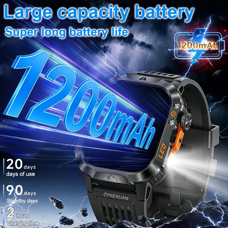 New 1200 mAh Battery Rugged Military Smartwatch Men 5ATM Waterproof Fitness Tracker Health Monitor 100+Sports Call Smart Watches