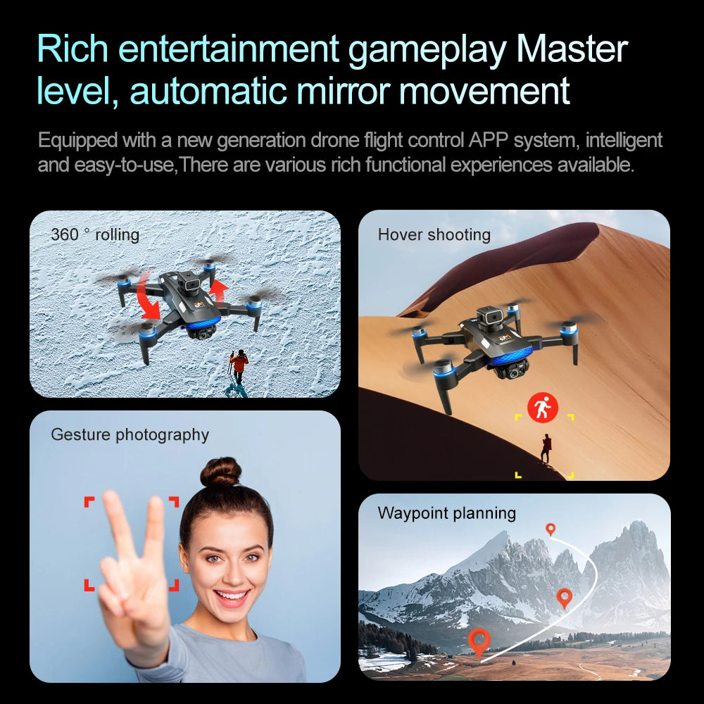 Black quadcopter drone with blue lights, capable of hovering, 360-degree rolls, gesture photography, and flight mapping.