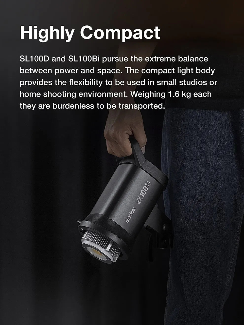 Compact, black cylindrical SL100D LED studio light held by a hand, designed for portable photography and video lighting.