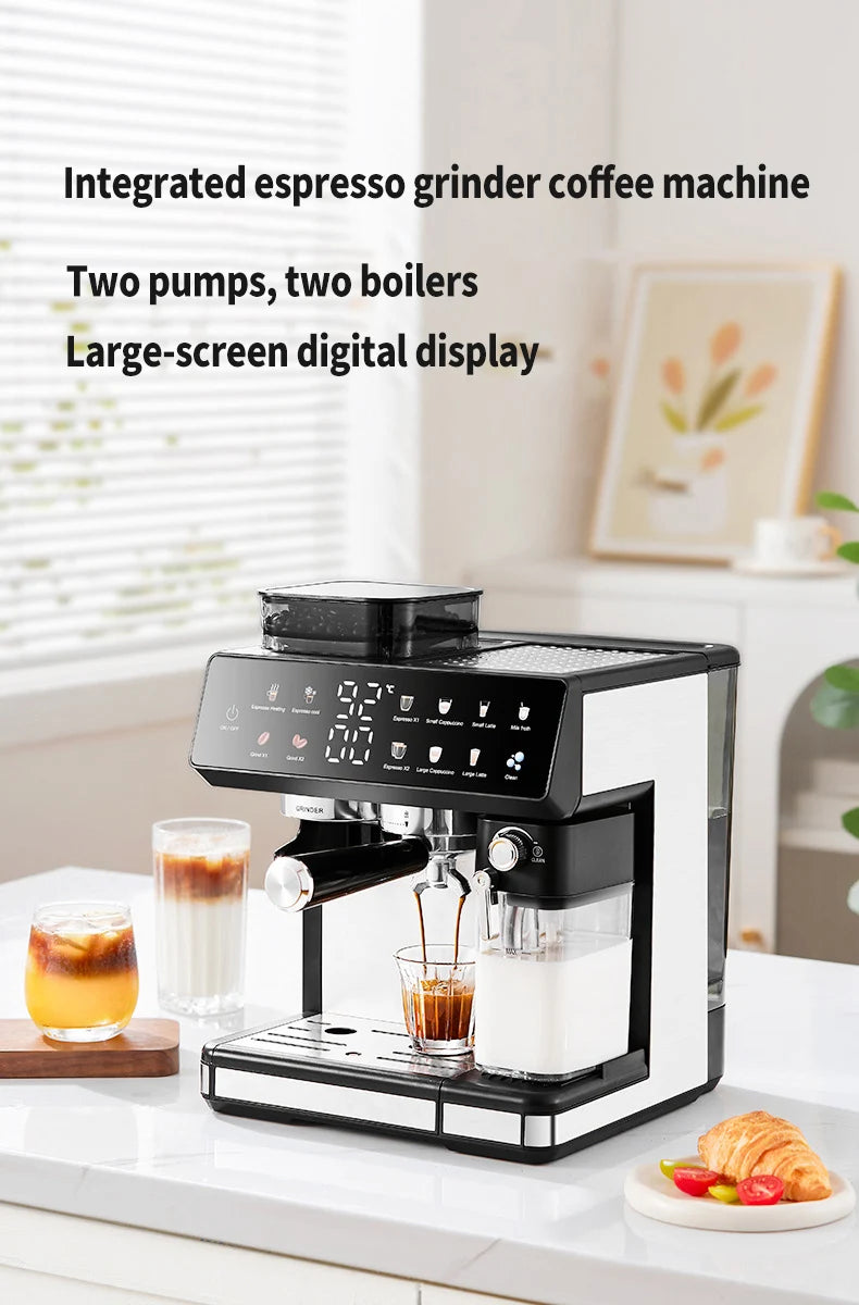 White espresso coffee machine with integrated grinder, two boilers, milk carafe, and large digital touch display.