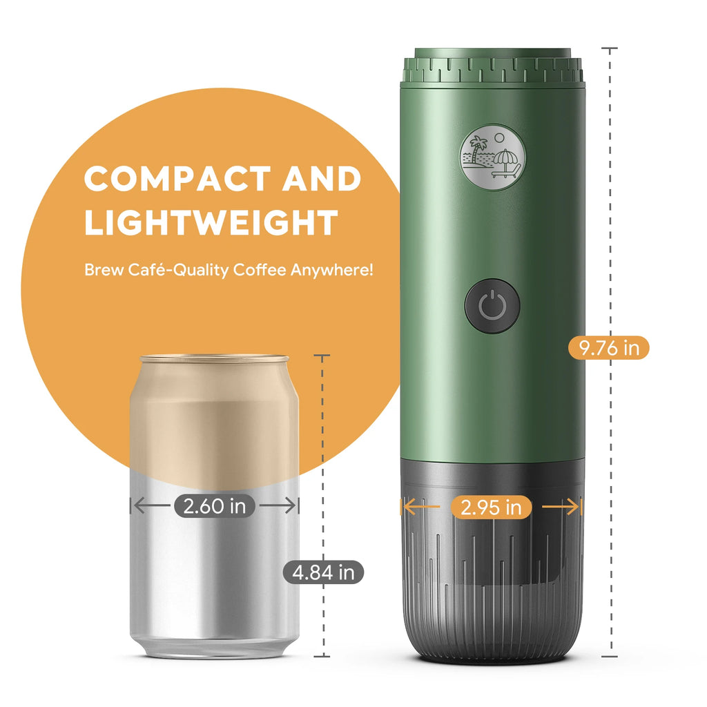 Compact green portable coffee maker, 9.76 inches tall, next to a soda can for scale, showing travel-friendly design.