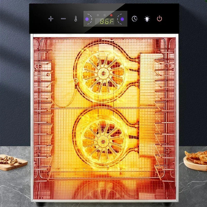 Tidesmit commercial food dehydrator side view showing multi-layer racks for drying fruit vegetables and meat snacks.