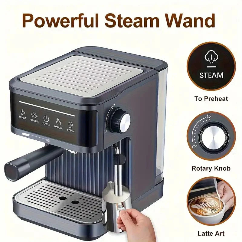 Black espresso machine with stainless steam wand, rotary knob, and touch controls for single or double shots.