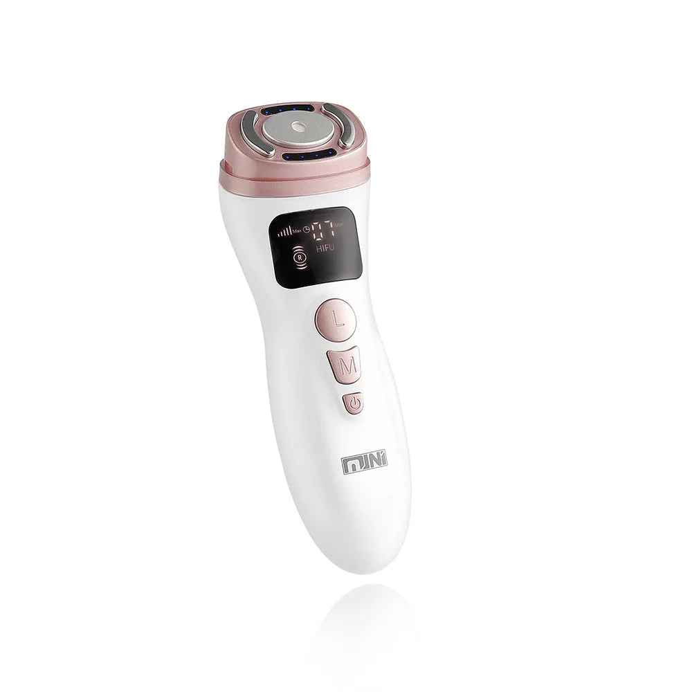 White and rose gold handheld HIFU facial device with digital display, three control buttons, and a round metal head.