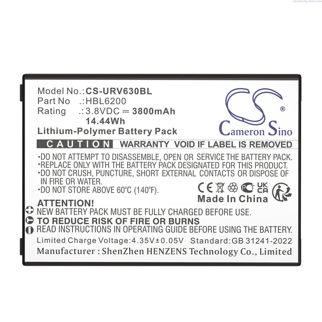 Lithium polymer battery pack label with model CS-URV630BL, HBL6200, 3800mAh rating