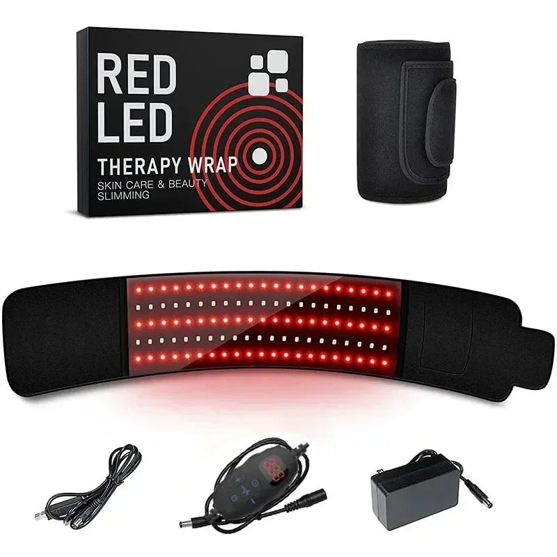 Red and infrared LED light therapy belt for pain relief and slimming with controller, power adapter, and storage wrap.
