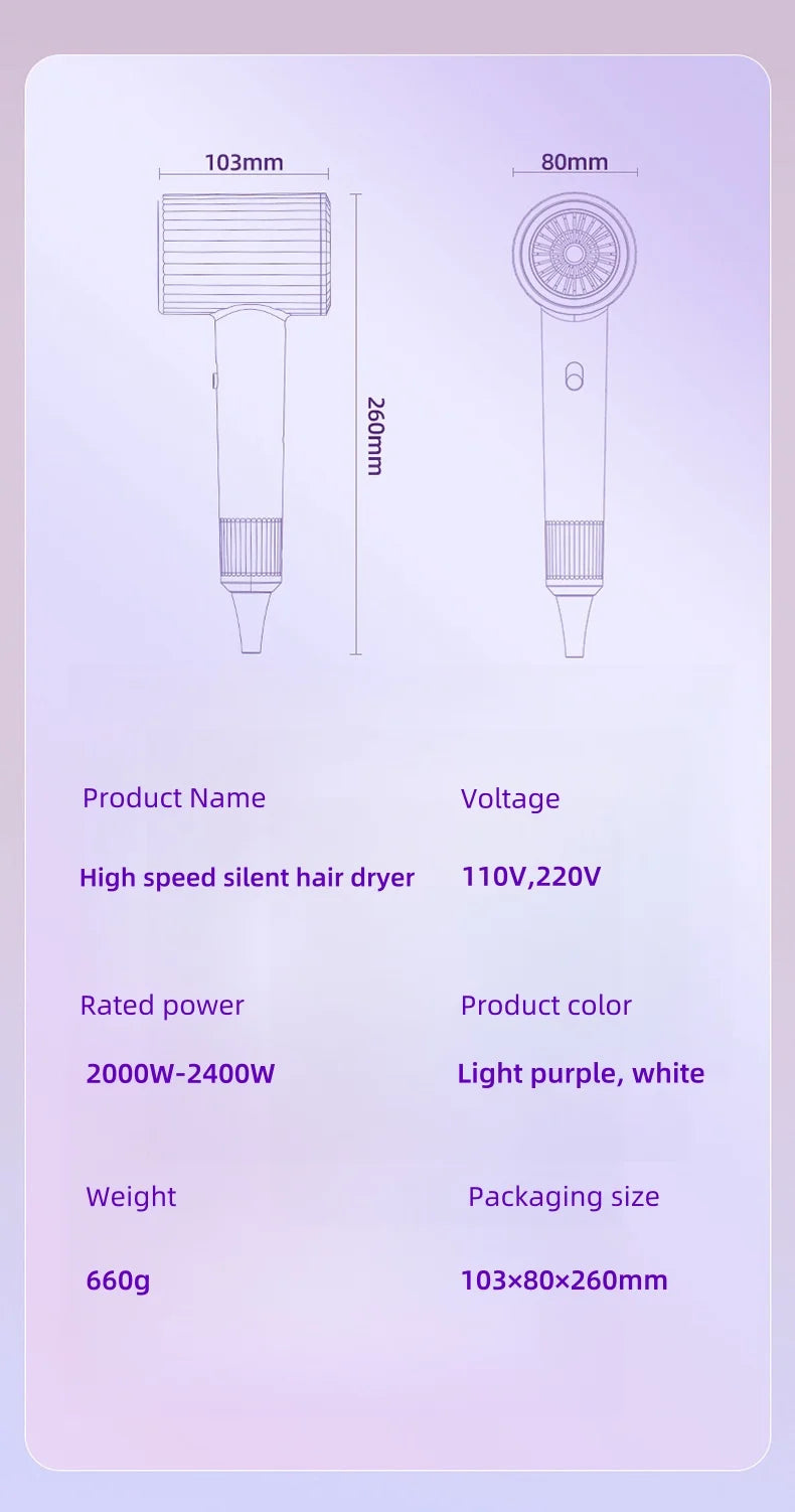 2400W high-speed silent hair dryer specs diagram in light purple and white with dimensions and professional features.