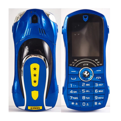 Blue GTR mini car-shaped unlocked GSM mobile phone with Bluetooth dialer, 1.8-inch display, and dual SIM keypad.