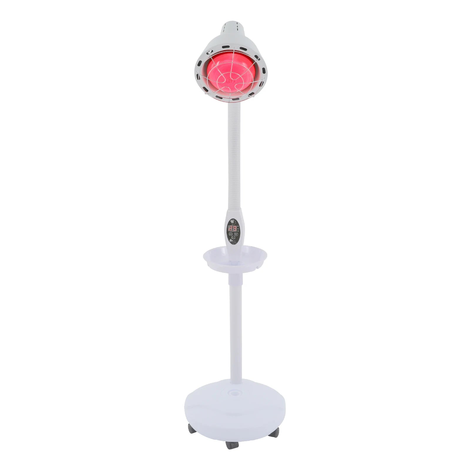 275W floor heat lamp for muscle pain relief with red light bulb, adjustable stand, digital timer, and wheeled base.