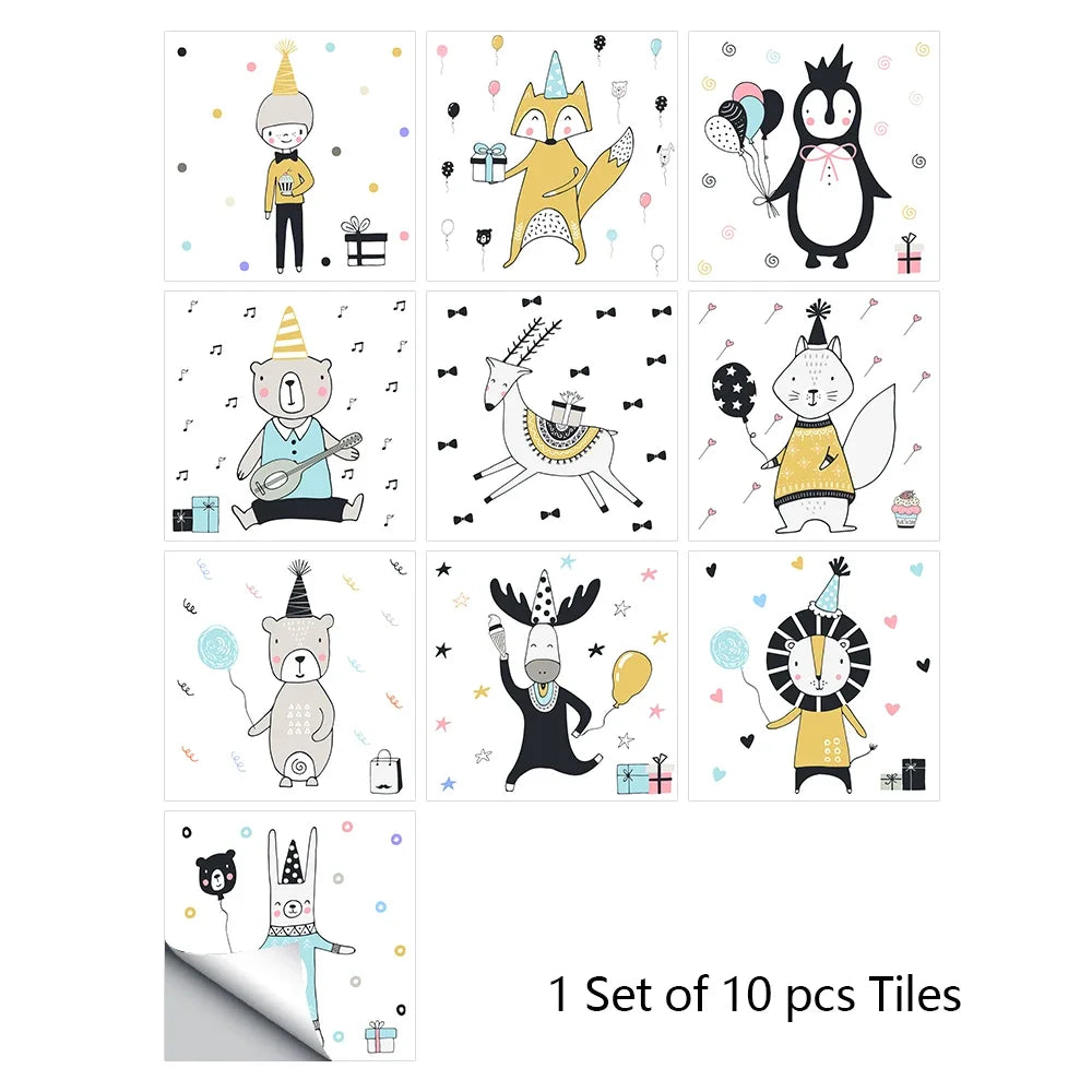 Mosaic tile wall sticker set with cartoon animal designs, 10-piece sheets