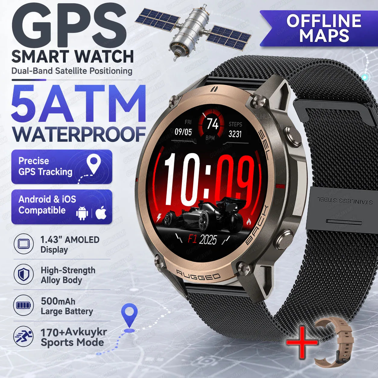 Round GPS smartwatch with black mesh strap and silver case; red digits AMOLED dial.