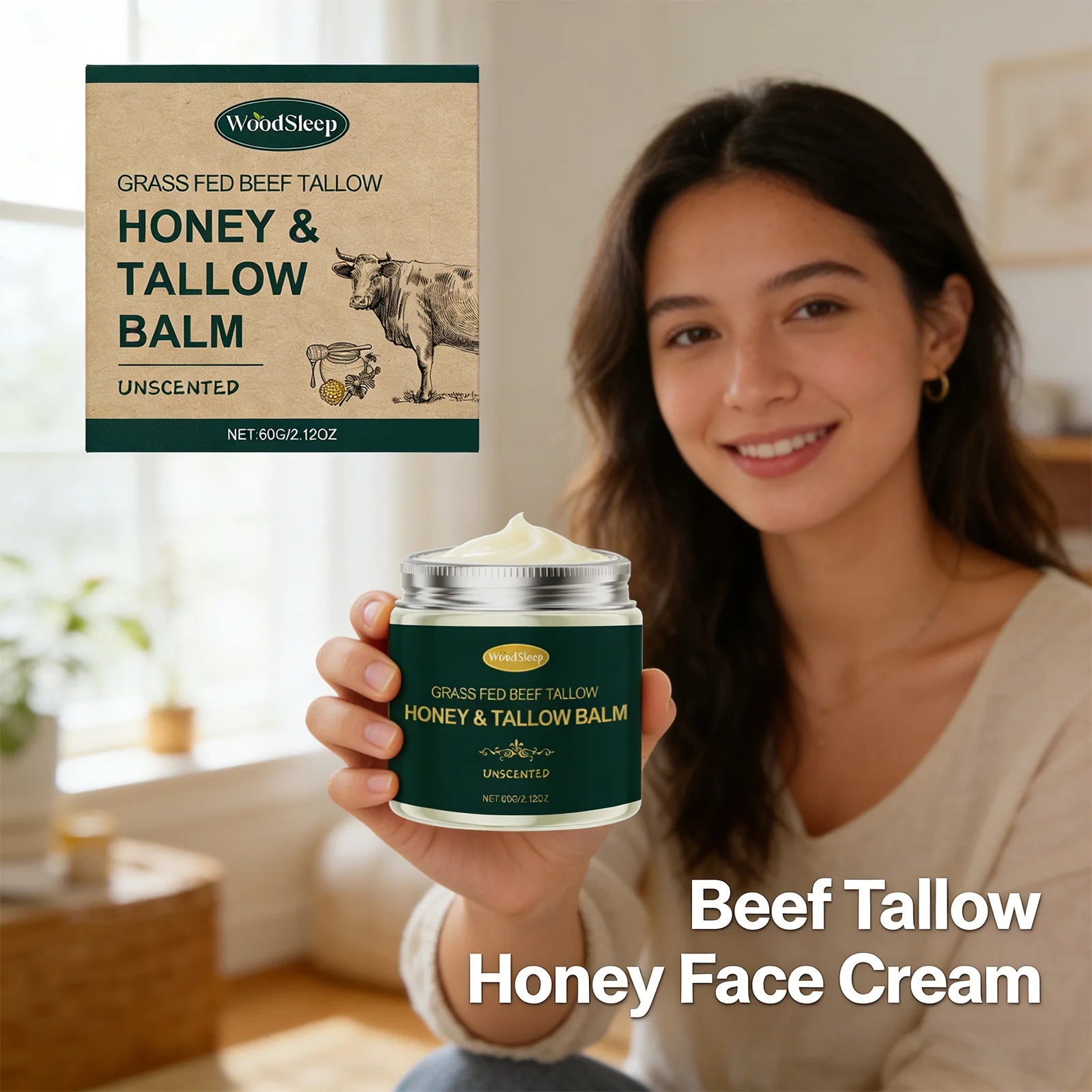 Beef Tallow Honey Face Cream Moisturizing Hydrating Nourishing For Dry Skin Gentle Skin Friendly Daily Facial Care All Skin 60G