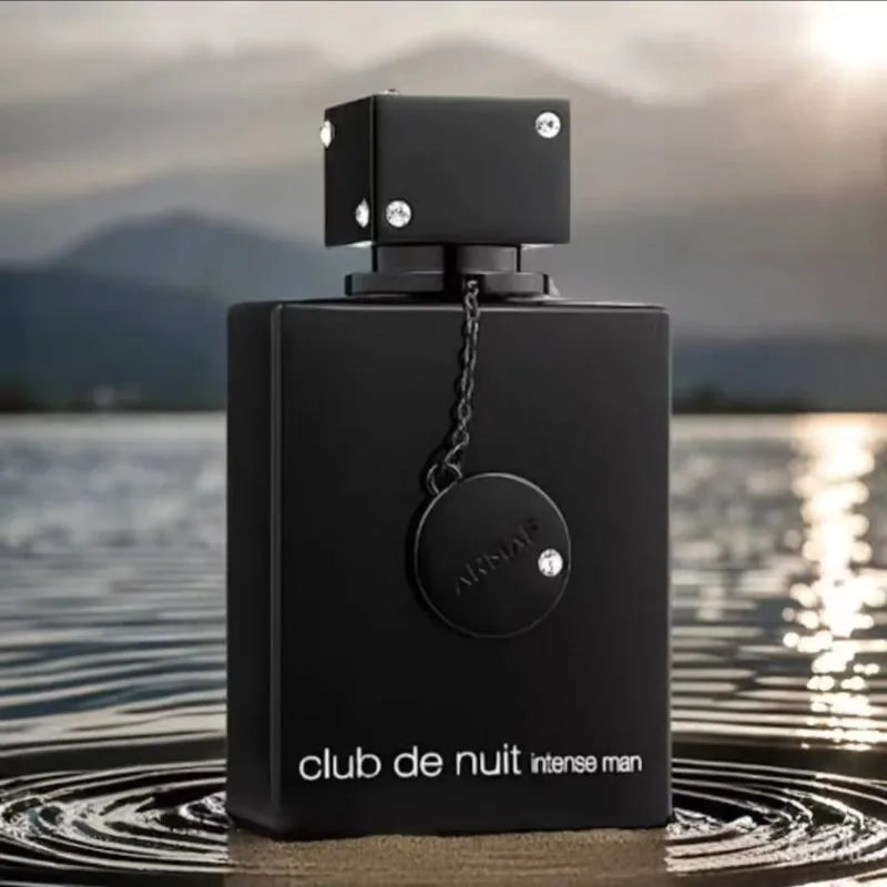 Armaf Club de Nuit Intense Man EDP: 105ml black square cologne bottle for men with charm, sleek design, and scent.