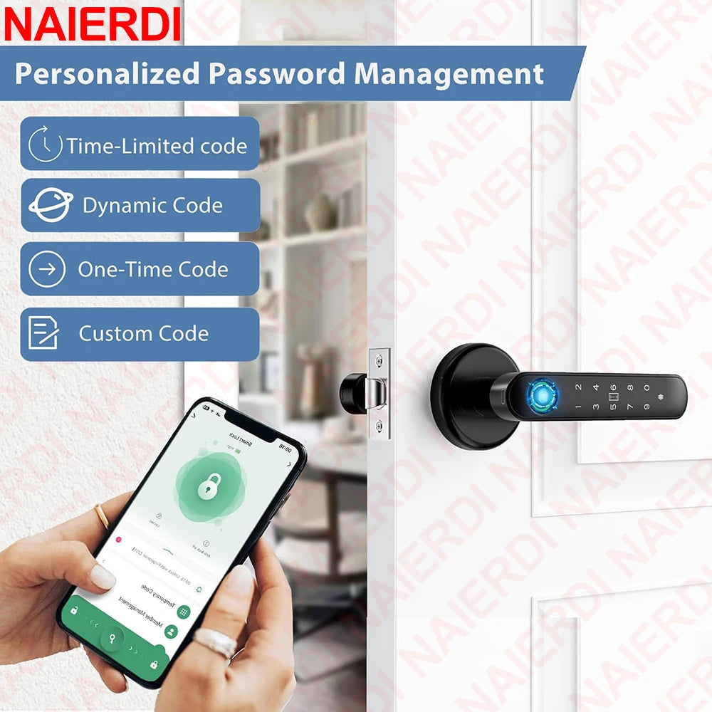 NAIERDI 5-in-1 Smart Fingerprint Door Lock Tuya APP Bluetooth Keypad IC Card Keyless Digital Door Knob for Hotel Office Bedroom