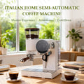 Cafovo white semi-automatic Italian espresso machine with wood-accented portafilter and digital display on table.