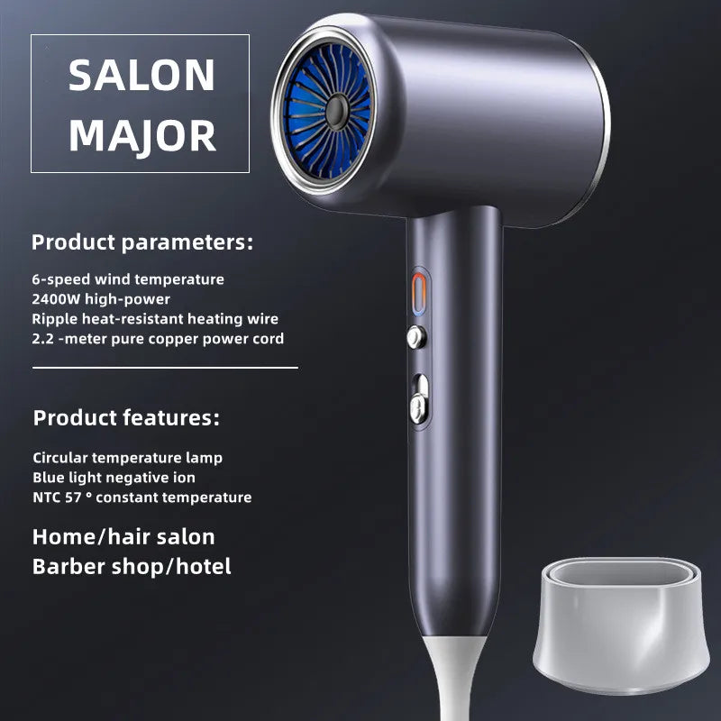 Grey 2400W high-speed ionic hair dryer with blue light, 6-speed settings, and styling nozzle for salon-grade drying.