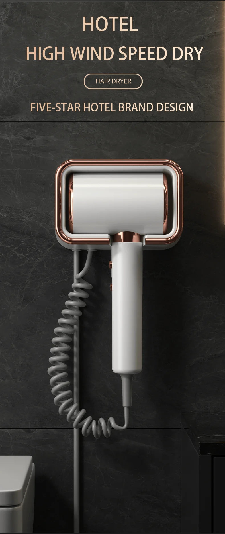 White and rose gold HOMEFISH wall-mounted hotel hairdryer with coiled cord for professional high-speed hair drying.