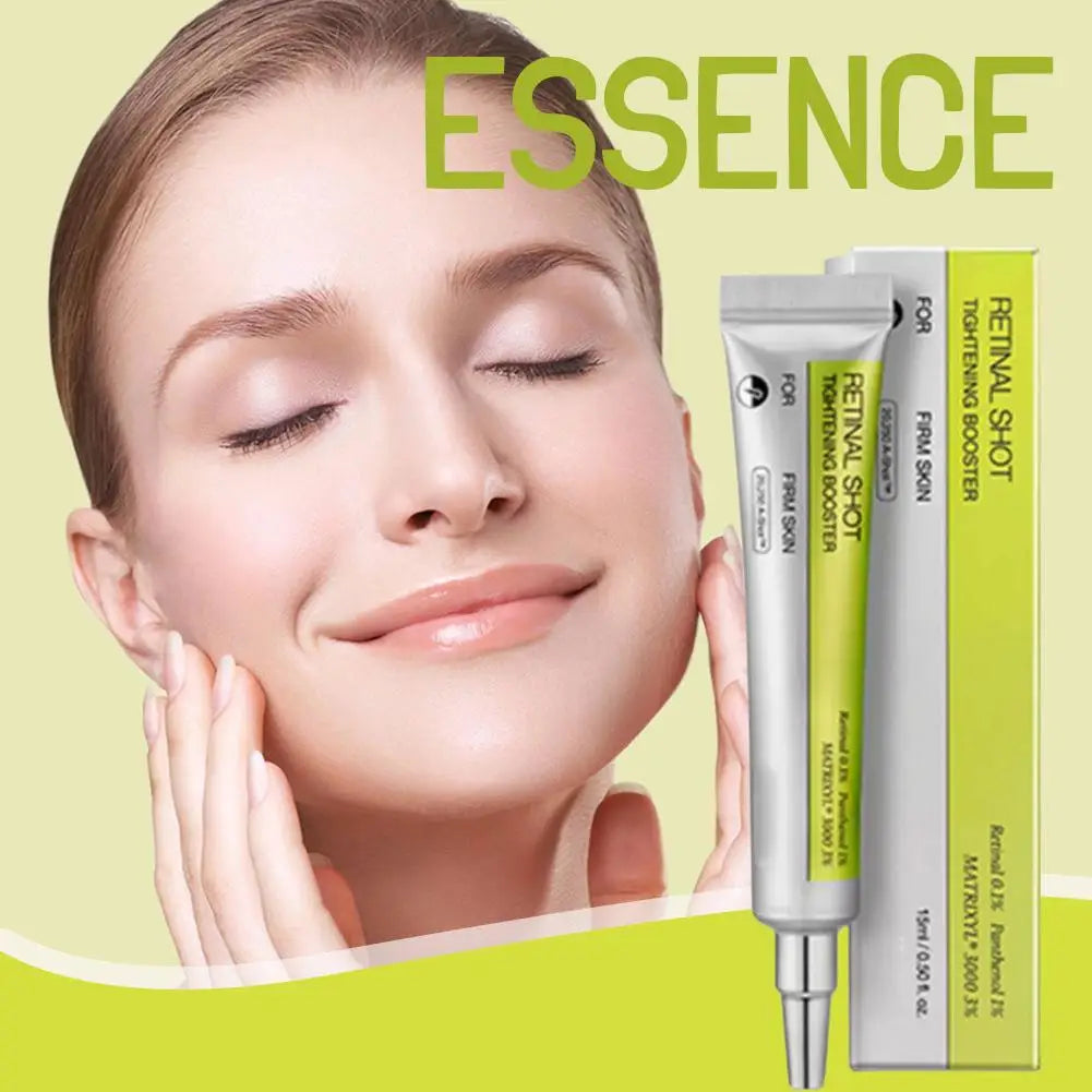 A woman with clear skin next to a silver and light green tube and box of Retinal Shot tightening booster serum.