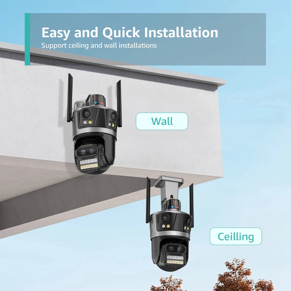 Wifi Camera Outdoor PTZ 4 Lens 4 Screen 8X Hybrid Zoom AI Auto Tracking Linkage Video Bluetooth Security Camera IP iCSee APP
