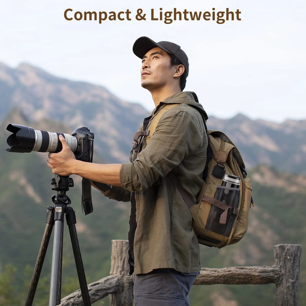 Compact black portable coffee maker stored in a hiker's backpack pocket, ideal for travel and outdoor photography.