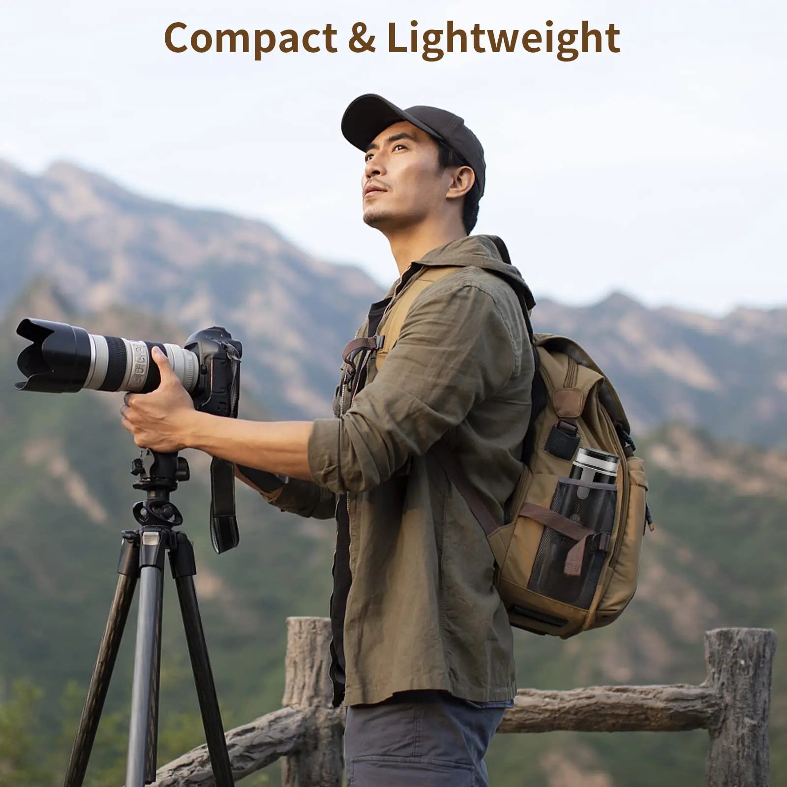 Compact black portable coffee maker stored in a hiker's backpack pocket, ideal for travel and outdoor photography.