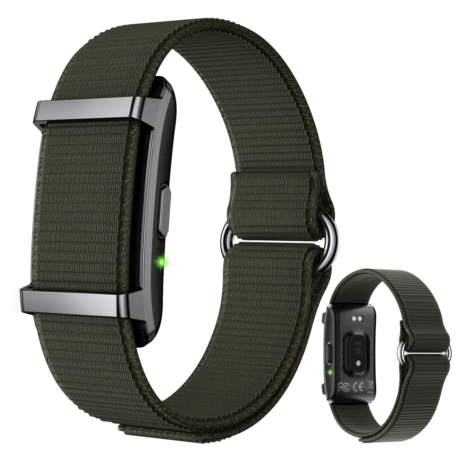 Dark green woven smart bracelet fitness tracker band with rectangular display module and metal buckle.
