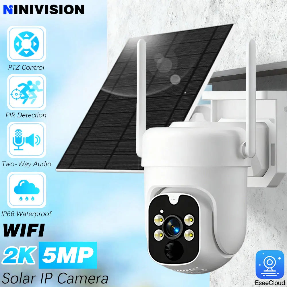 5MP EseeCloud Wireless Solar Outdoor Wireless PTZ Camera Built-in Battery 365 Days Standby Surveillance Camera With Solar Panel