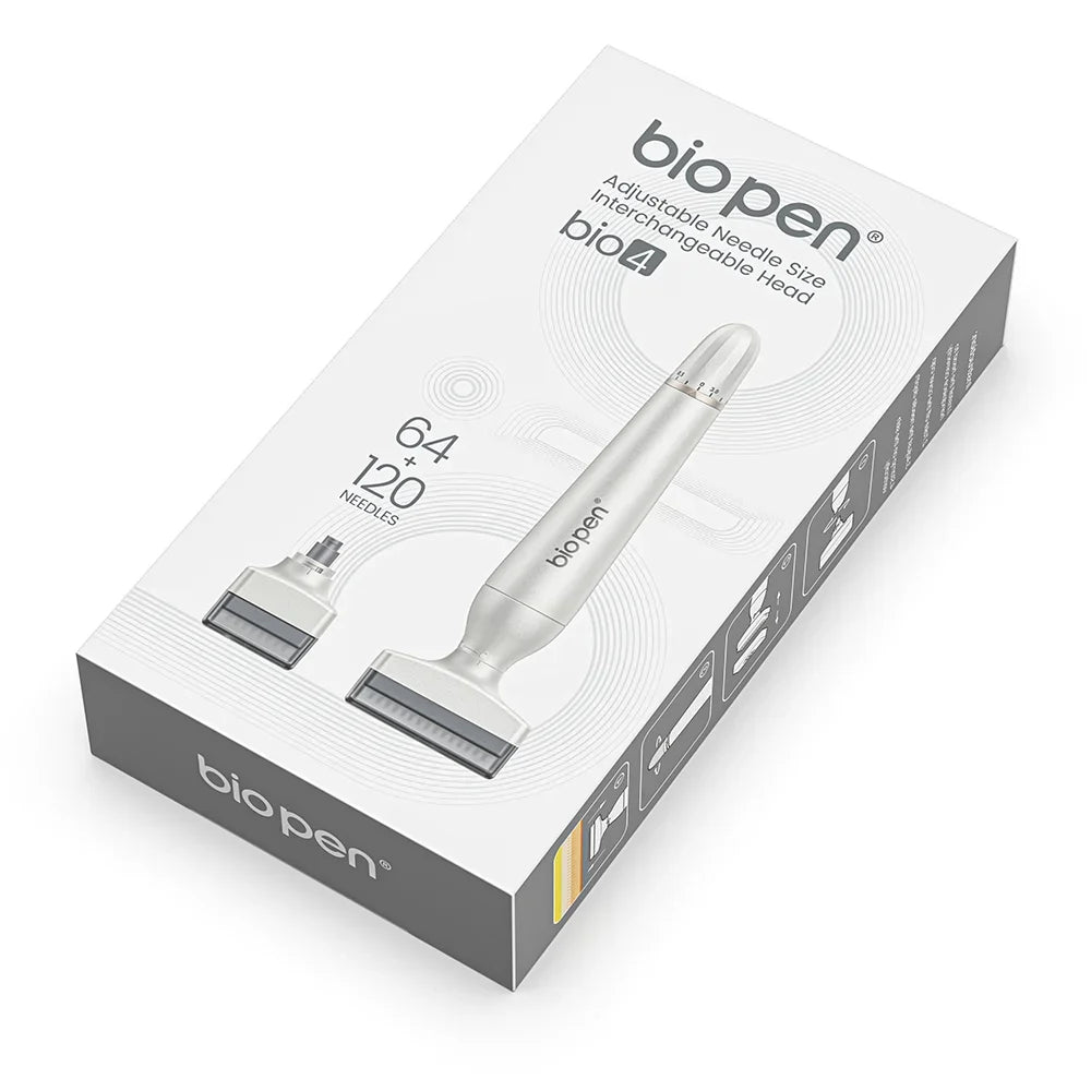BioPen Bio4 adjustable microneedling pen with replaceable heads for hair and beard growth in white retail box.