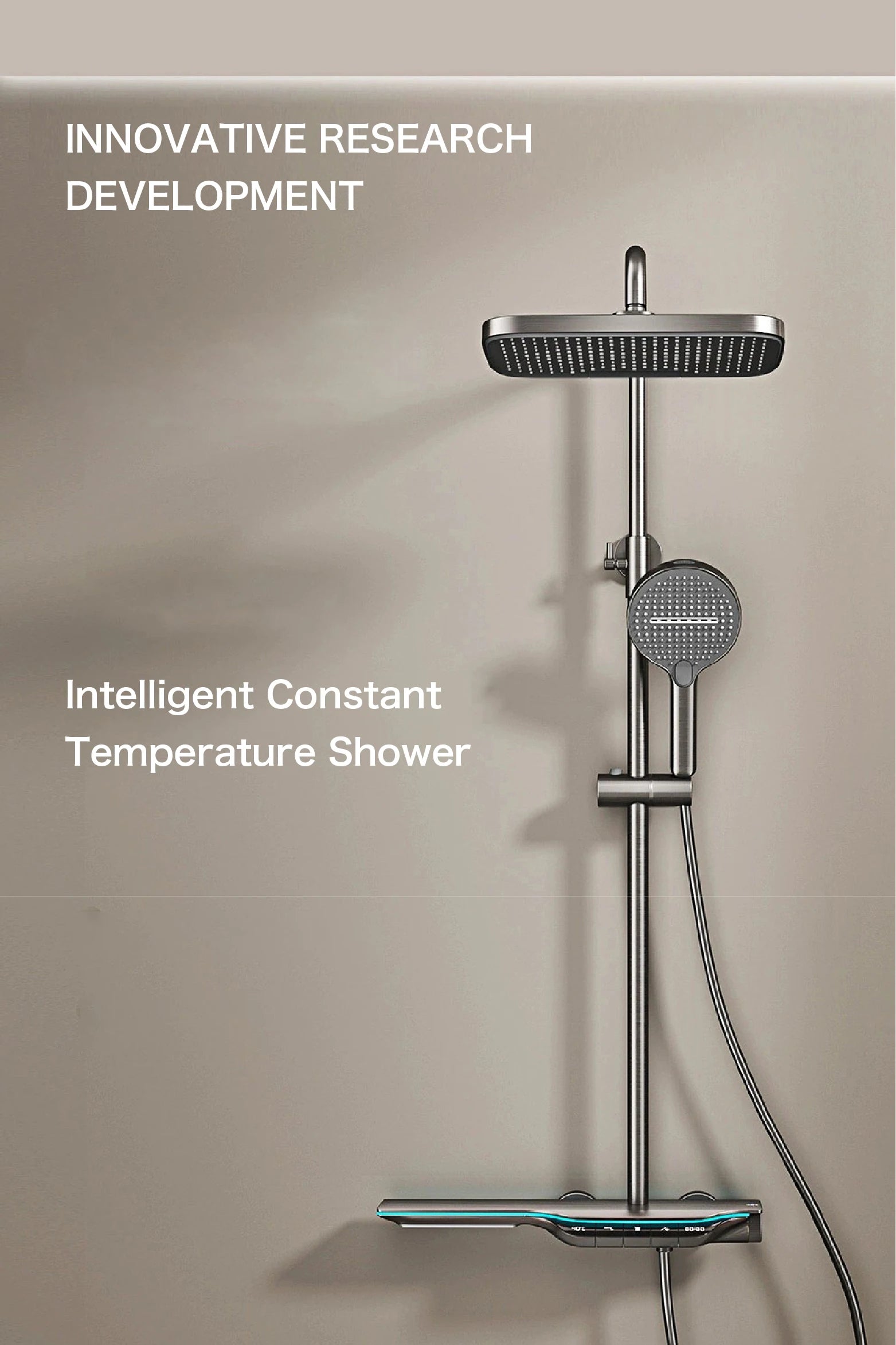 Luxury Brass Gun Gray Shower System Intelligent LED Digital Display Constant Temperature Design, Dual Control Bathroom Faucet