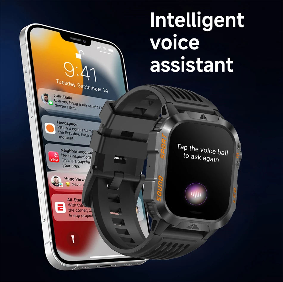 New 1200 mAh Battery Rugged Military Smartwatch Men 5ATM Waterproof Fitness Tracker Health Monitor 100+Sports Call Smart Watches