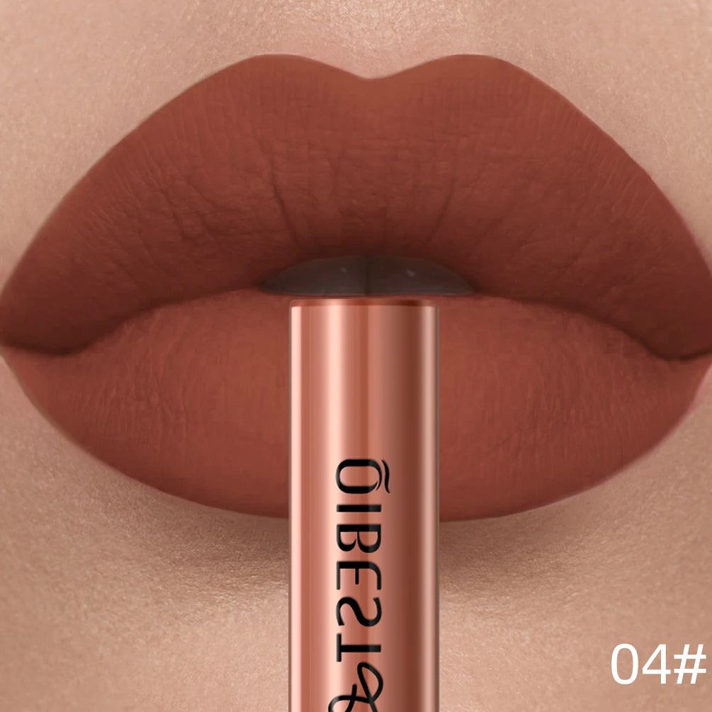 Long-lasting matte liquid lipstick in a velvet nude shade, featuring a smooth, waterproof, nonstick finish.