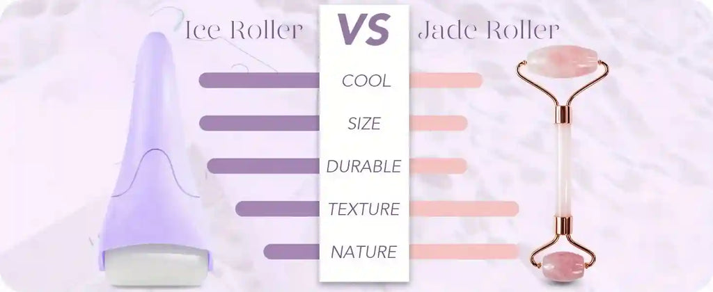 Comparison chart showing a purple handheld ice roller vs. a pink rose quartz jade facial roller.