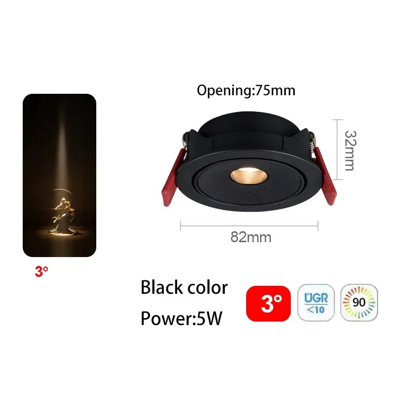 Black recessed LED spot light, 5W, 3° beam angle, opening 75mm, 32mm depth
