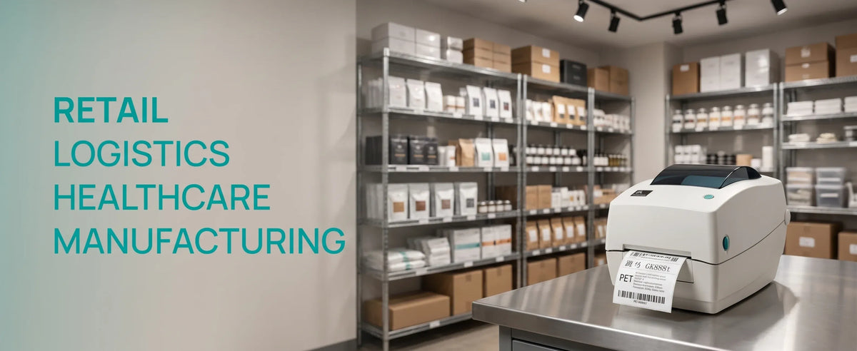 Desktop label printer in a storage warehouse with shelves and labels for business use