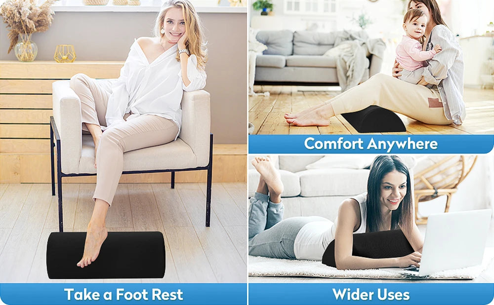 Black memory foam half-cylinder foot rest for under desk, office, and home use with washable, removable cover.