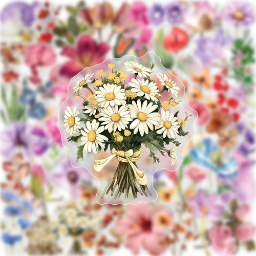 50PCS Color Ink Flower Sticker Pack Waterproof Transparent PET Brochure Flower Material Decorative Notebook Waterproof Stickers